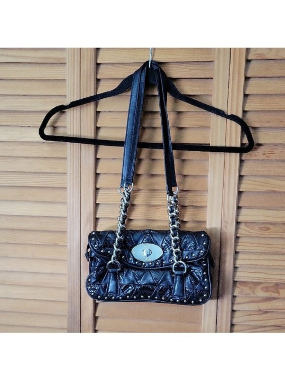 Tosca Blu Black Snake Lamb Leather Quilted Studded Shoulder Bag  Chain Detail